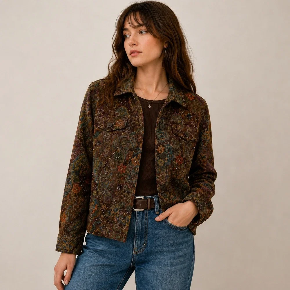 Vintage Y2K Coldwater Creek Tapestry Jacket PS Boho Beaded Floral Paisley Fall